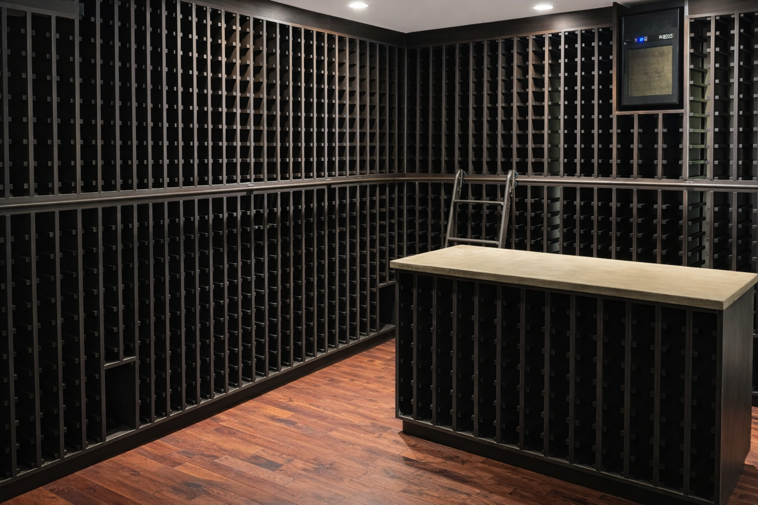 Custom wine storage and architectural millwork for a Portland, Oregon wine cellar with integrated concrete countertop