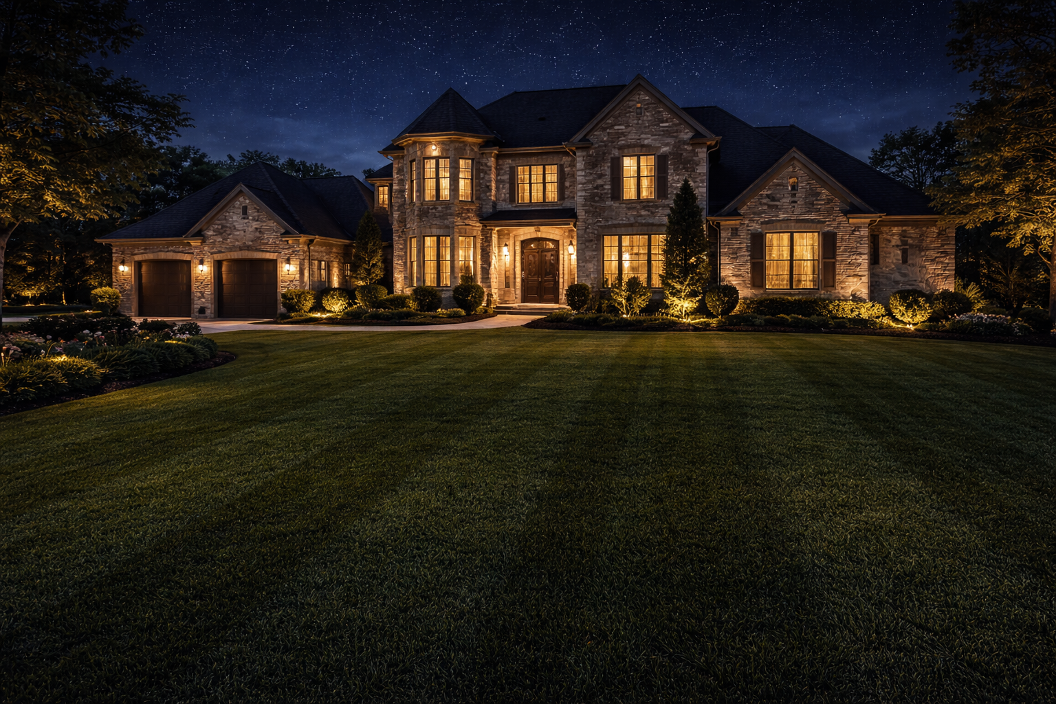 A large, elegant house with stone exterior and lit windows at night, surrounded by well-manicured lawn and landscaped garden.
