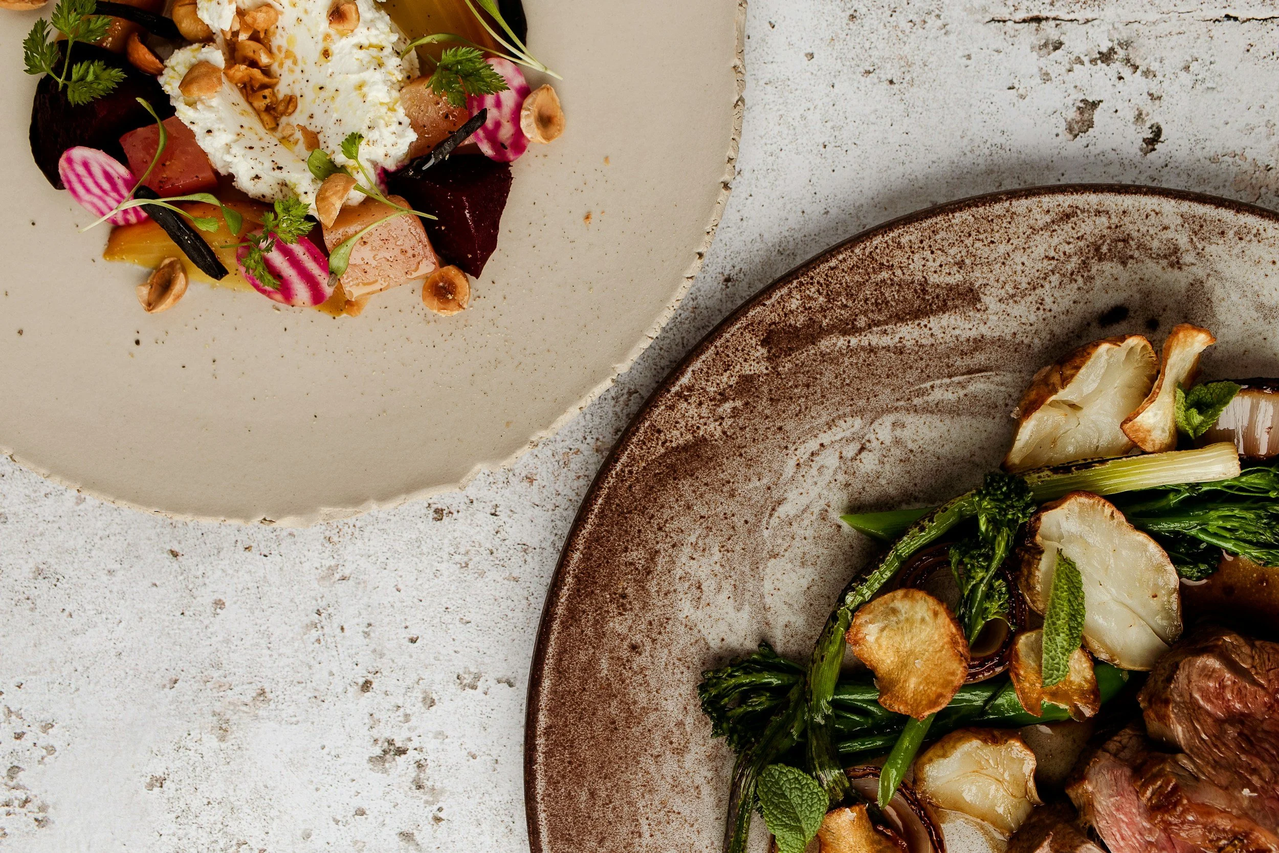 Close-up of gourmet plated food, featuring a salad with picked vegetables, herbs, nuts, and cheese on a white plate. To the right, part of another dish with grilled vegetables on a rustic brown plate, set on a textured light surface.