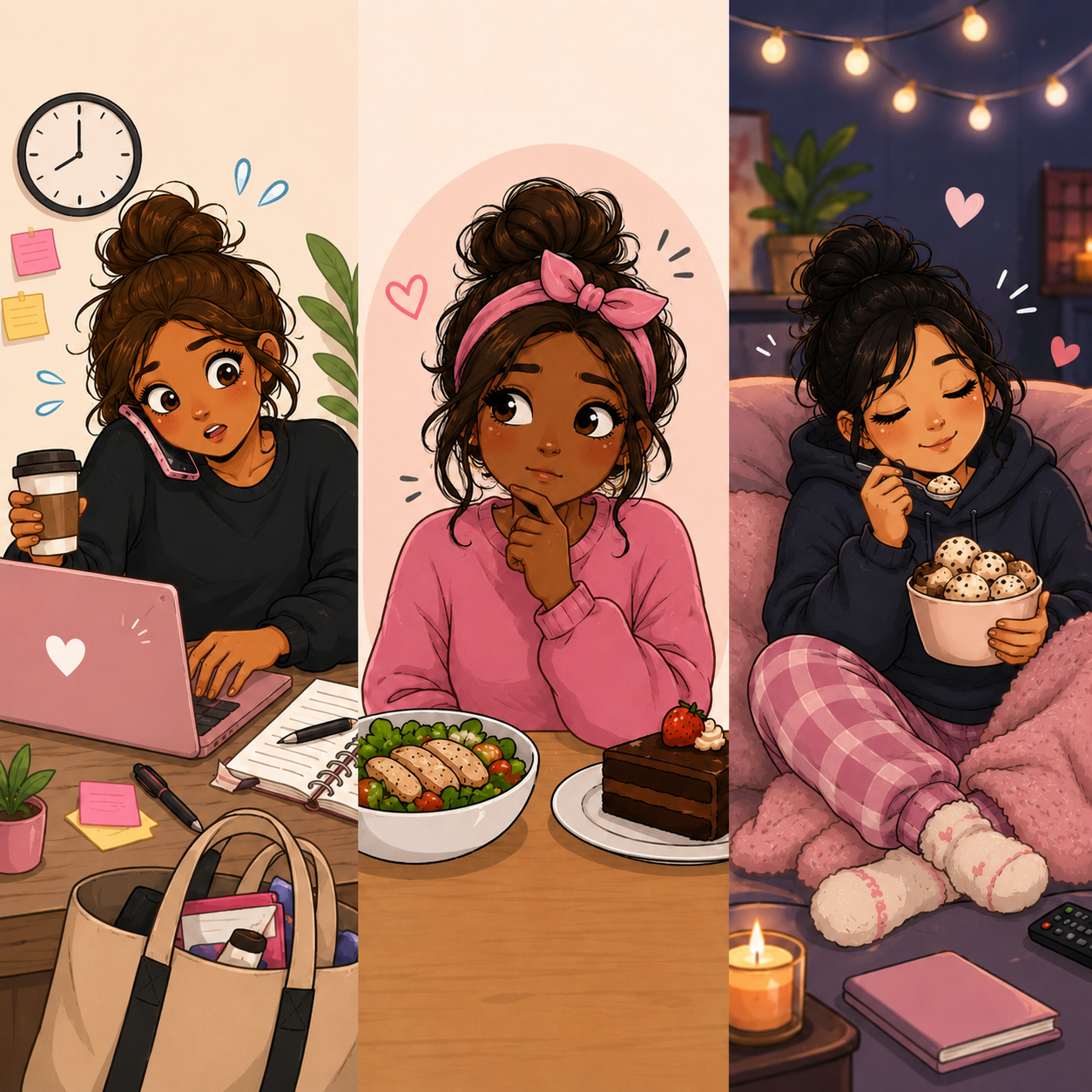 Three different women who struggle with food noise and overeating, one because of underfueling, one due to mental restriction, and one due to emotional eating
