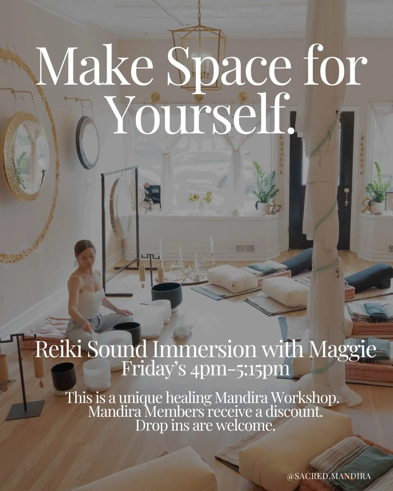 ✨✨ Reiki Sound Immersion with @maggiebyrnetaylor Fridays 4pm @sacred.mandira ✨✨

Join me at 4pm for my deeply healing Reiki + Sound. Hands-on and hands-off energy healing, beautiful sound + voice healing, deep rest, and a little Friday afternoon magi