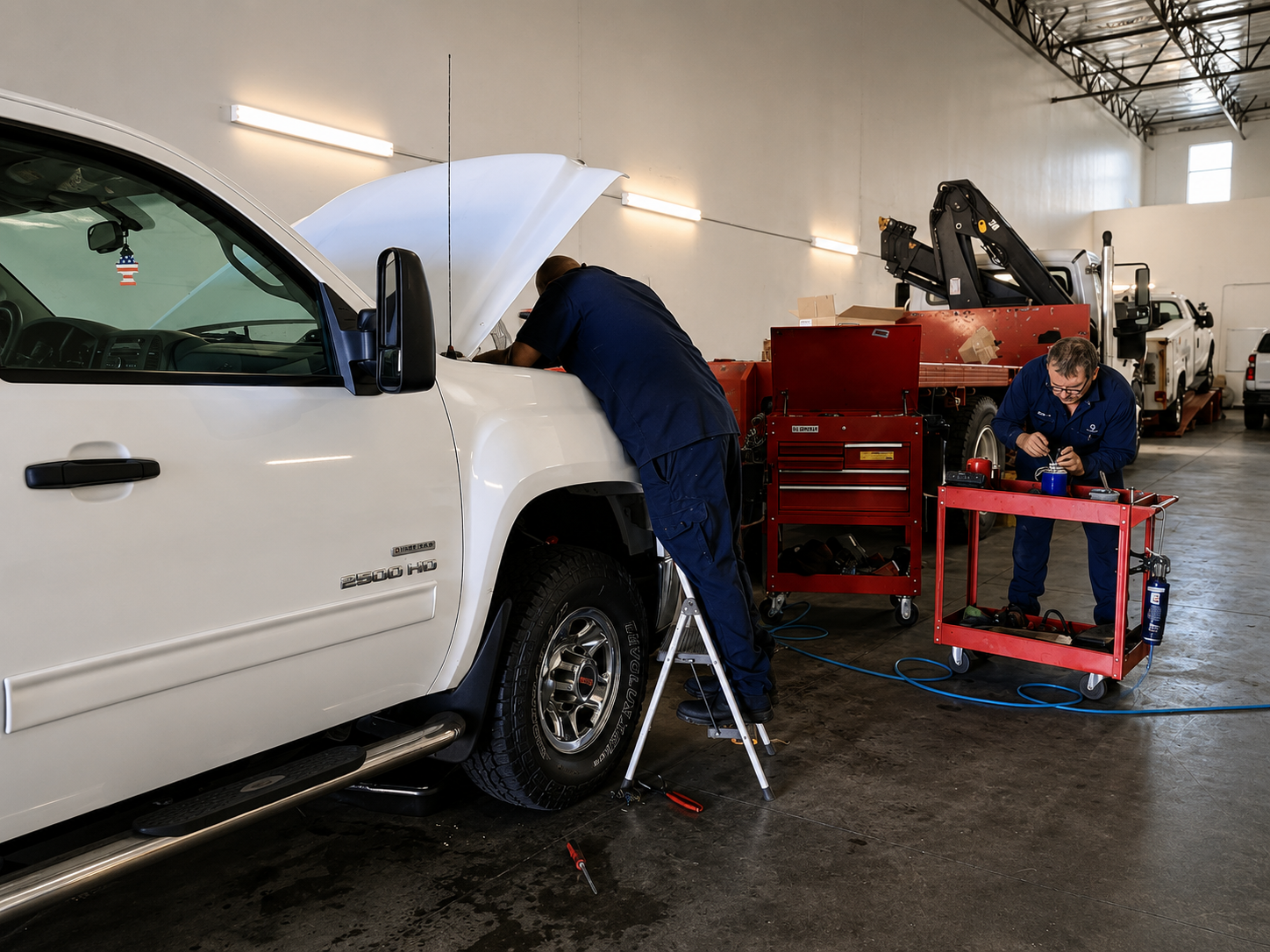 Technicians performing diagnostics and repair procedures on a fleet work truck.