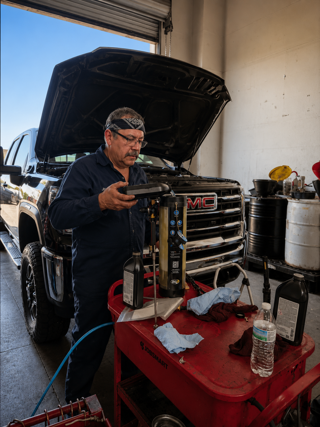 Technician performing service procedures and repair verification on a work truck.