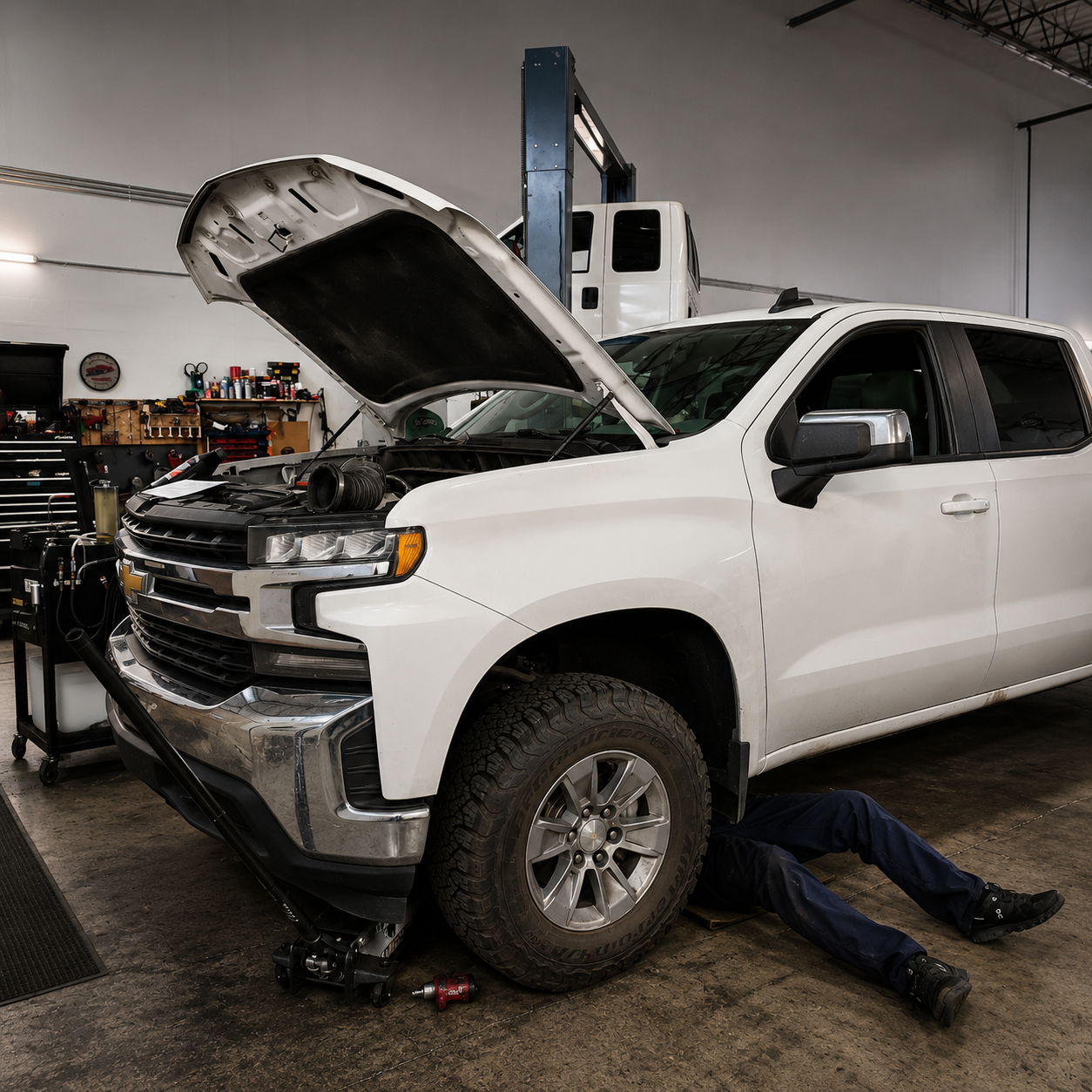 Hands-on diagnostic and repair procedures performed on a commercial work truck.
