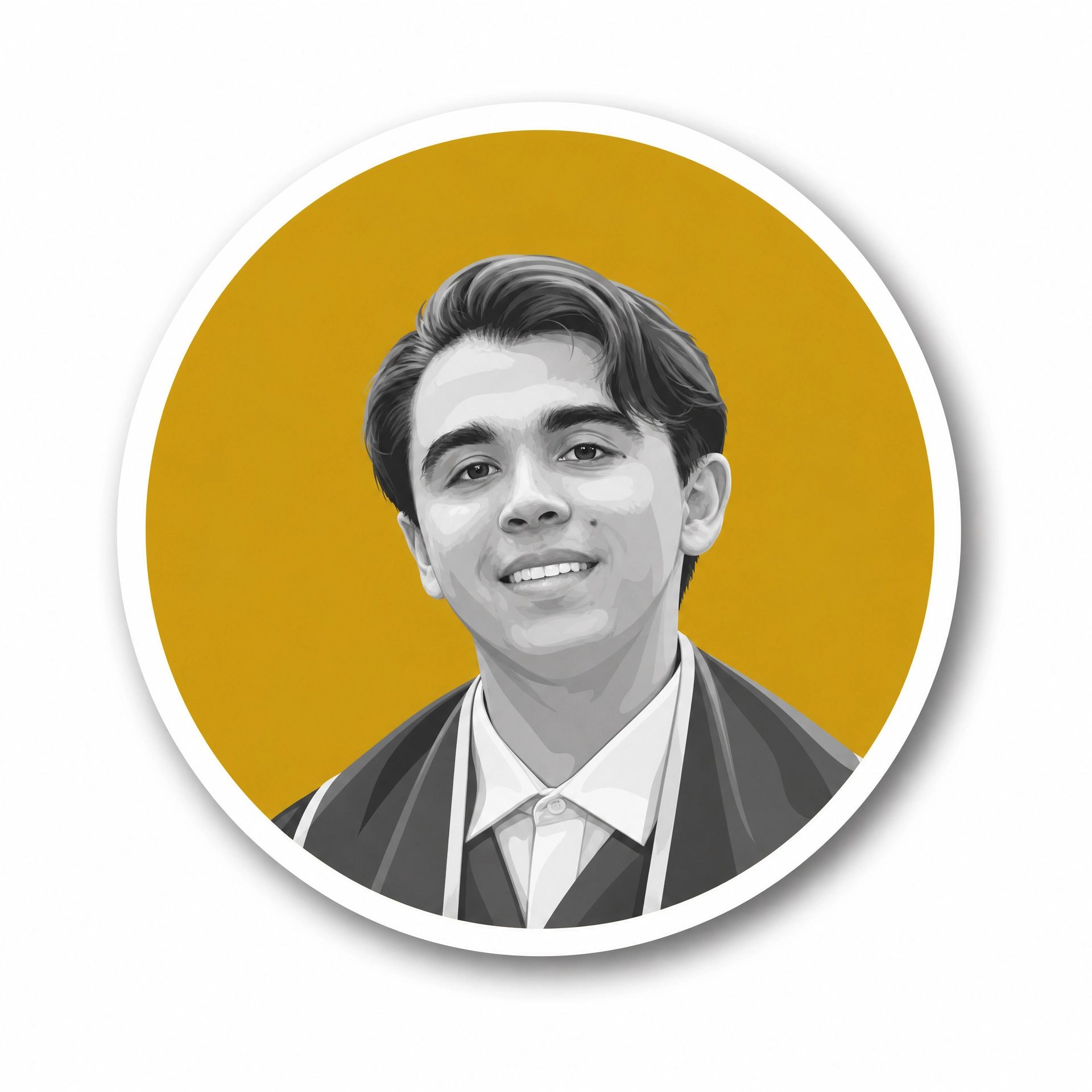 Black and white portrait of a young man in a tuxedo with a bow tie, against a yellow circular background.