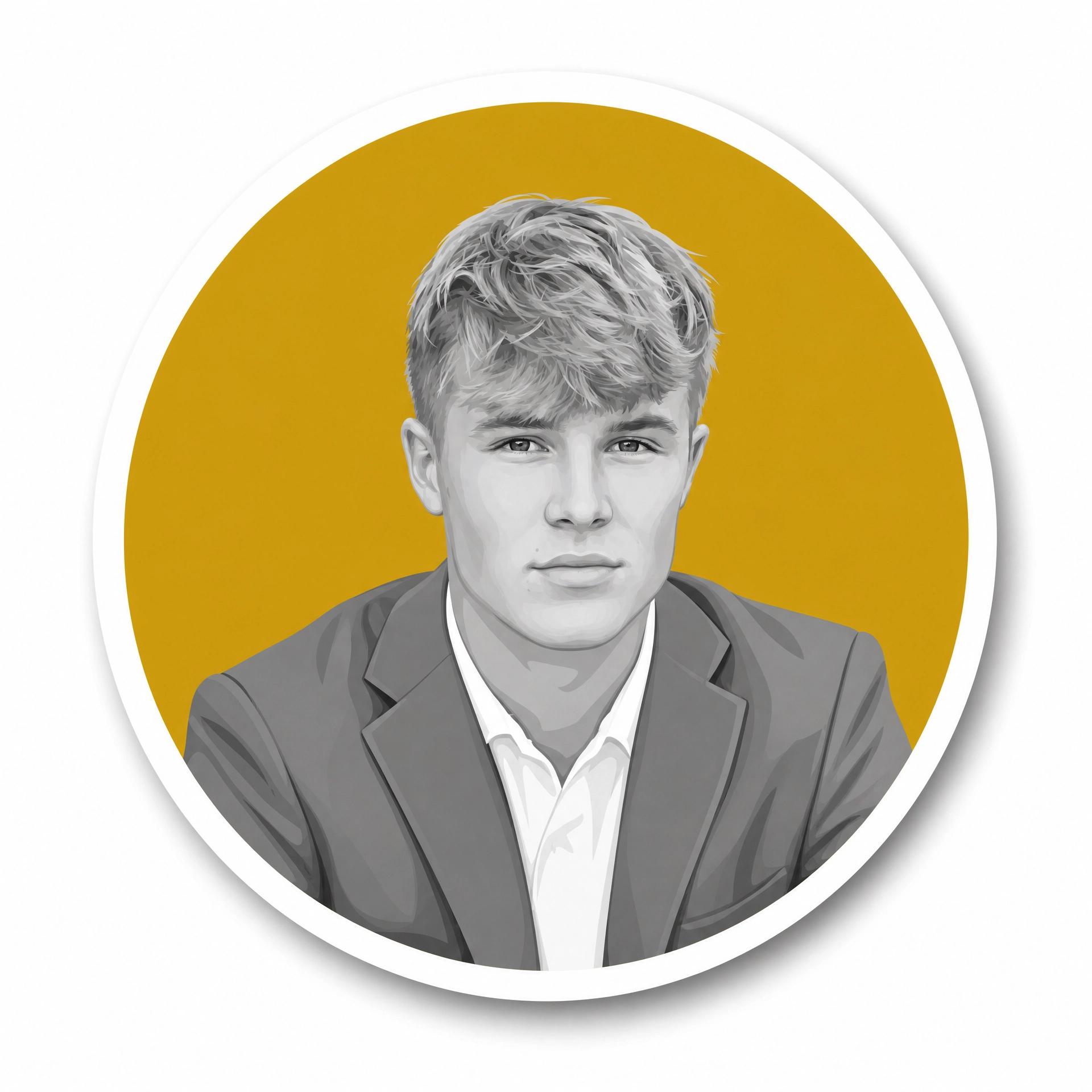 Printed grayscale portrait of a young man in a suit, set against a mustard yellow circular background with white border, in a modern, stylized illustration.