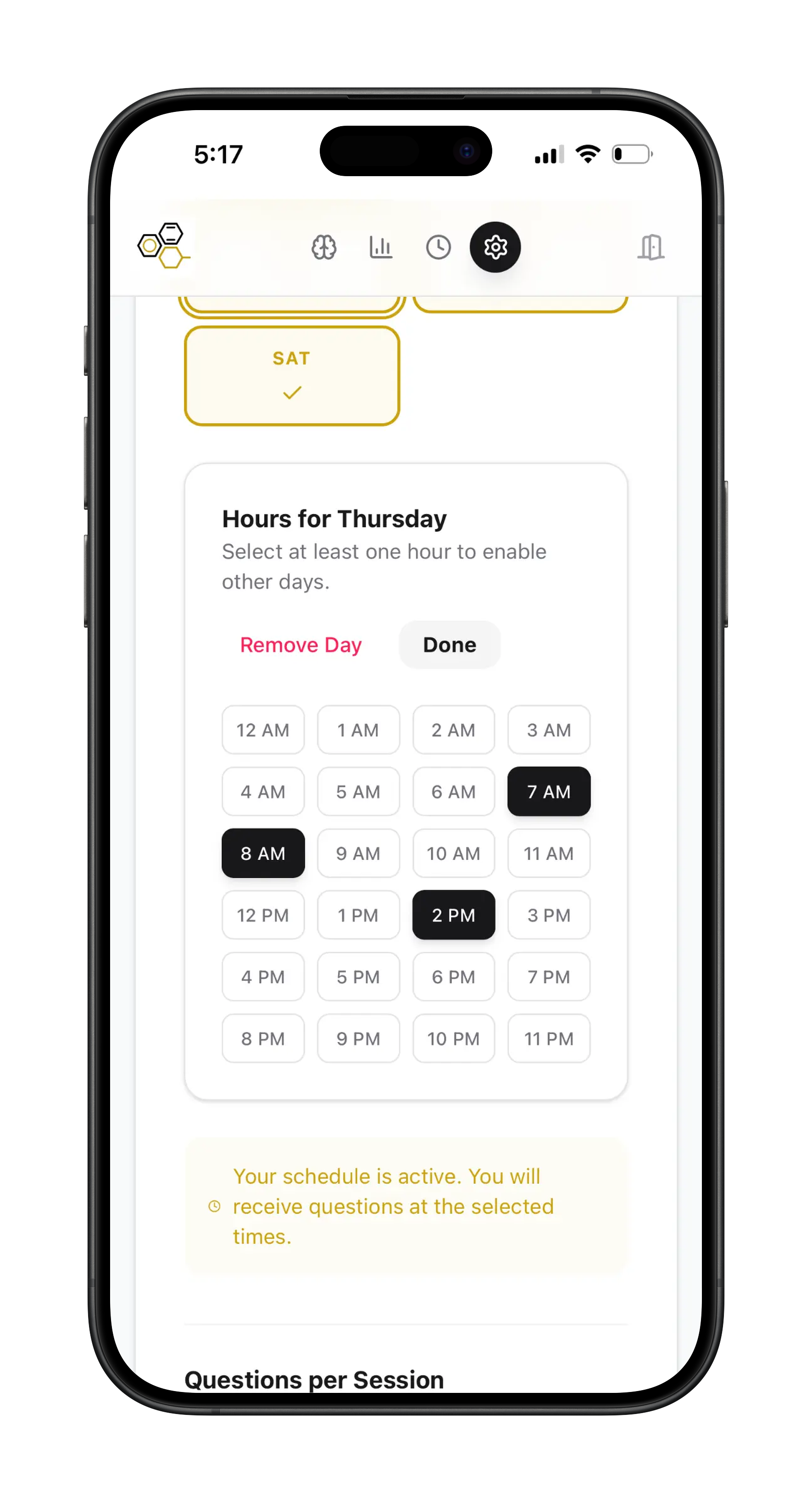 Smartphone screen displaying a scheduling app with selected time for Thursday at 8 AM and 2 PM, with instructions for choosing hours.