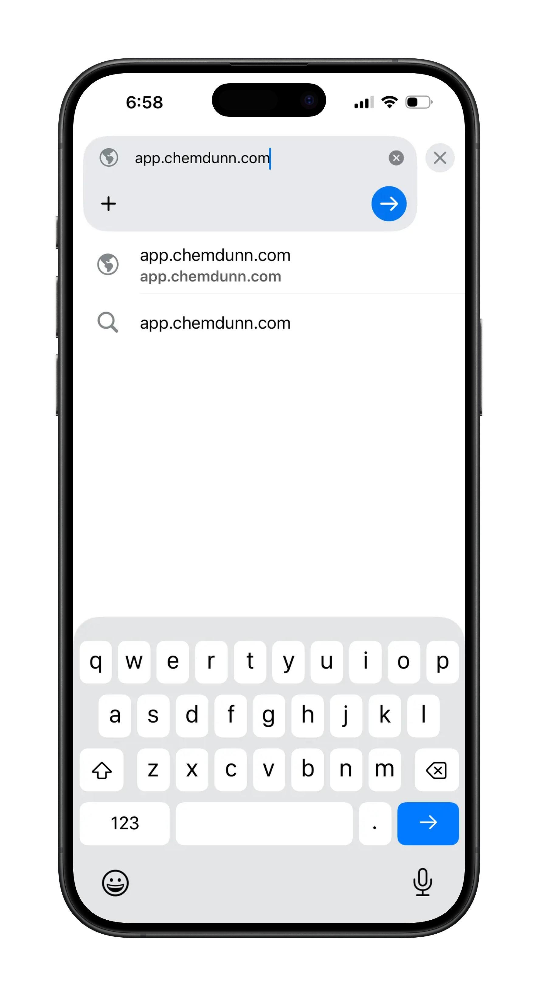 iPhone screen showing a browser search for 'app.chemdunn.com' and the keyboard at the bottom.