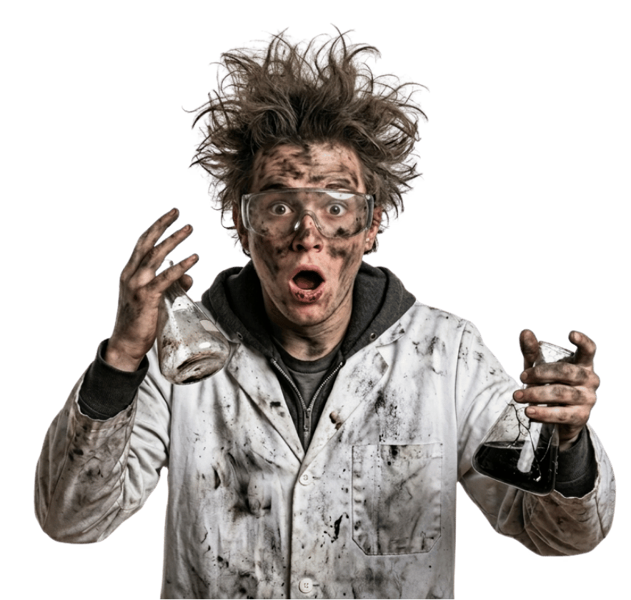 A scientist with wild messy hair, dirty face, and goggles, wearing a stained white lab coat, holding a beaker of bubbling liquid in one hand and a distillation flask with dark liquid in the other, displaying a confused or surprised expression.