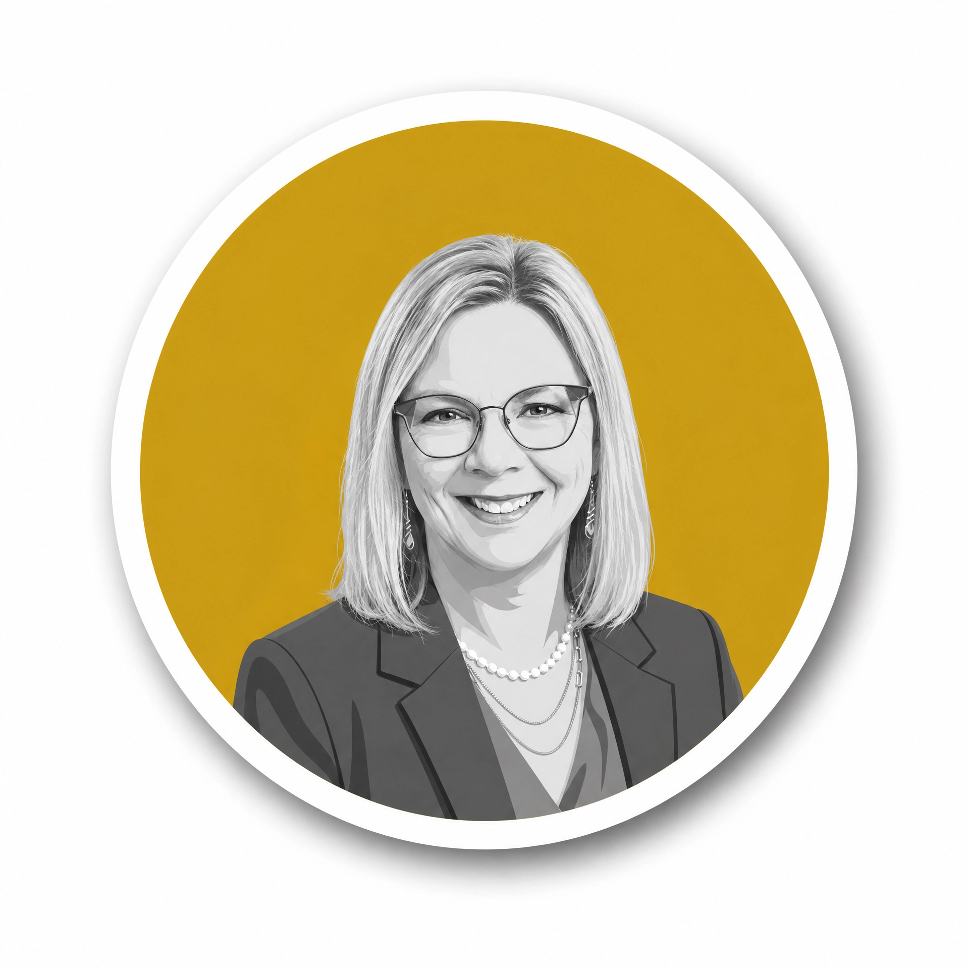 Black and white portrait of a woman with shoulder-length hair, glasses, smiling, wearing a blazer and jewelry, with a yellow background.