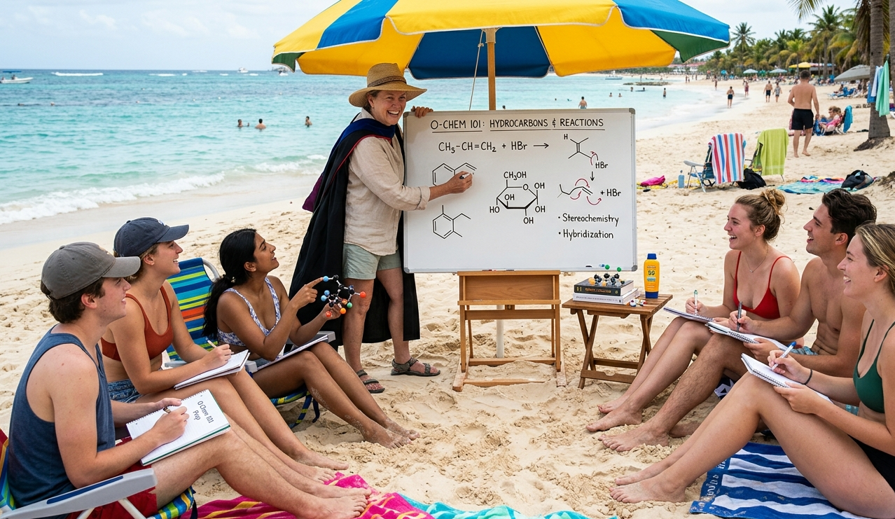 A woman teaching a chemistry class about hydrocarbons and reactions on a whiteboard at the beach, with a group of people sitting in a semi-circle on beach chairs and towels, taking notes and smiling.