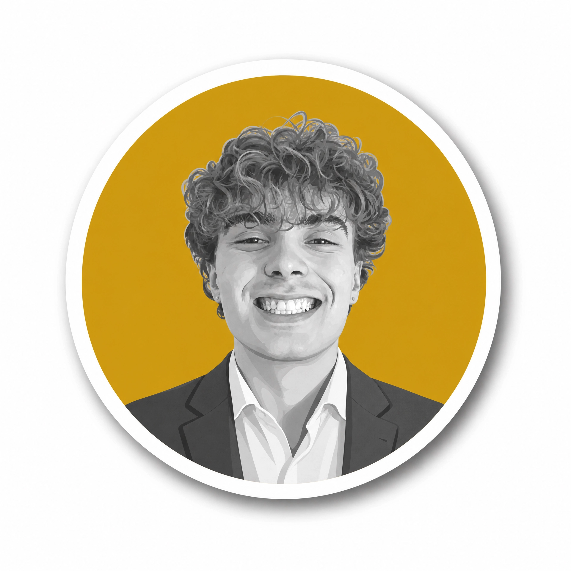 Close-up of a smiling young man with curly hair, wearing a suit jacket and shirt, with a yellow background and white border.