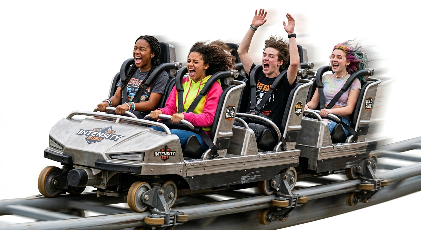 Four teenagers riding a roller coaster, excited and having fun, with their hands in the air.