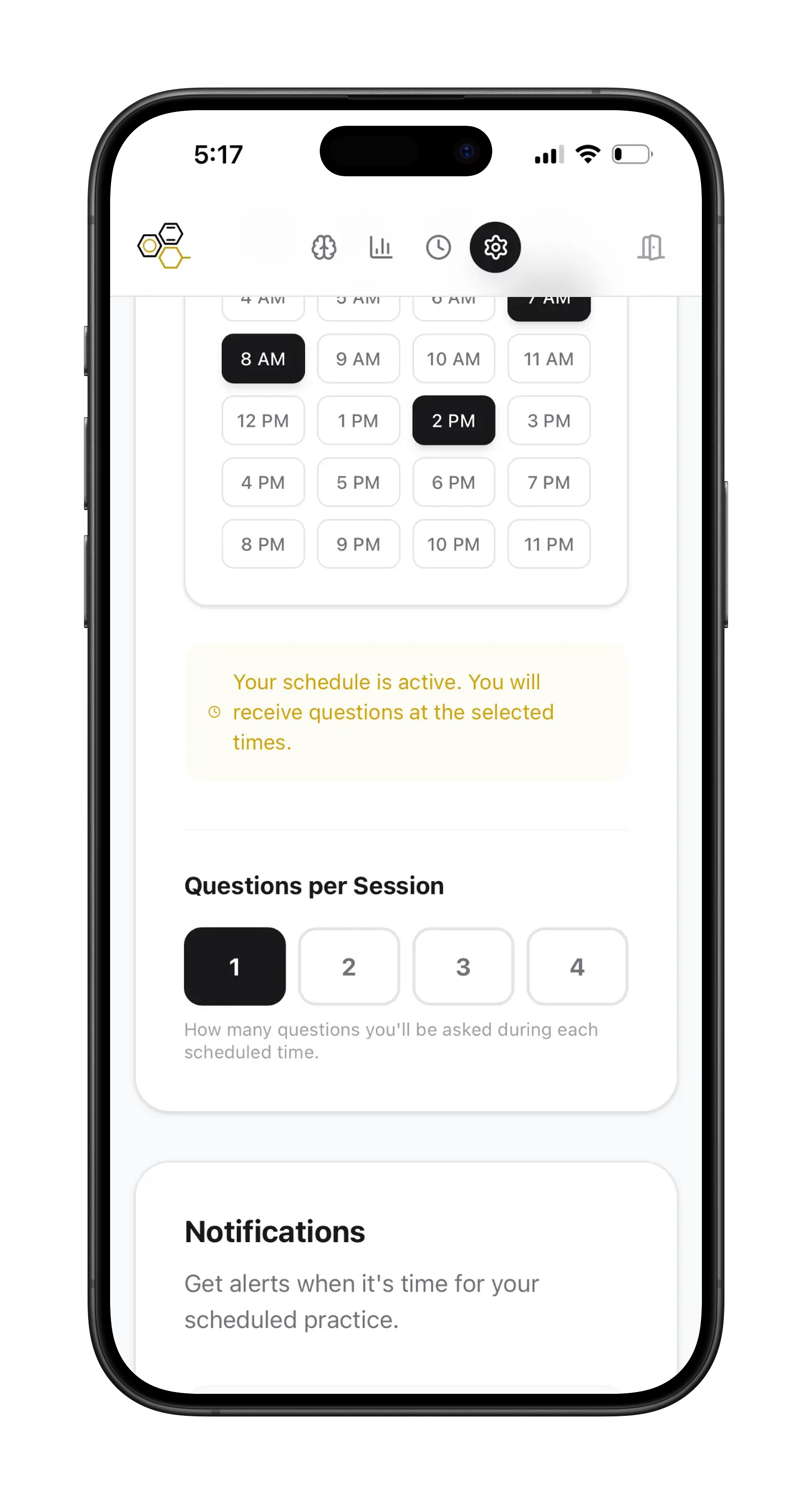 A smartphone screen showing a scheduling app with time slots from 4 AM to 11 PM, with 8 AM and 2 PM selected. The app indicates that the schedule is active and will receive questions at the selected times. There is a section for choosing questions per session, with options for 1 to 4 questions. Notifications and other icons are visible at the top.