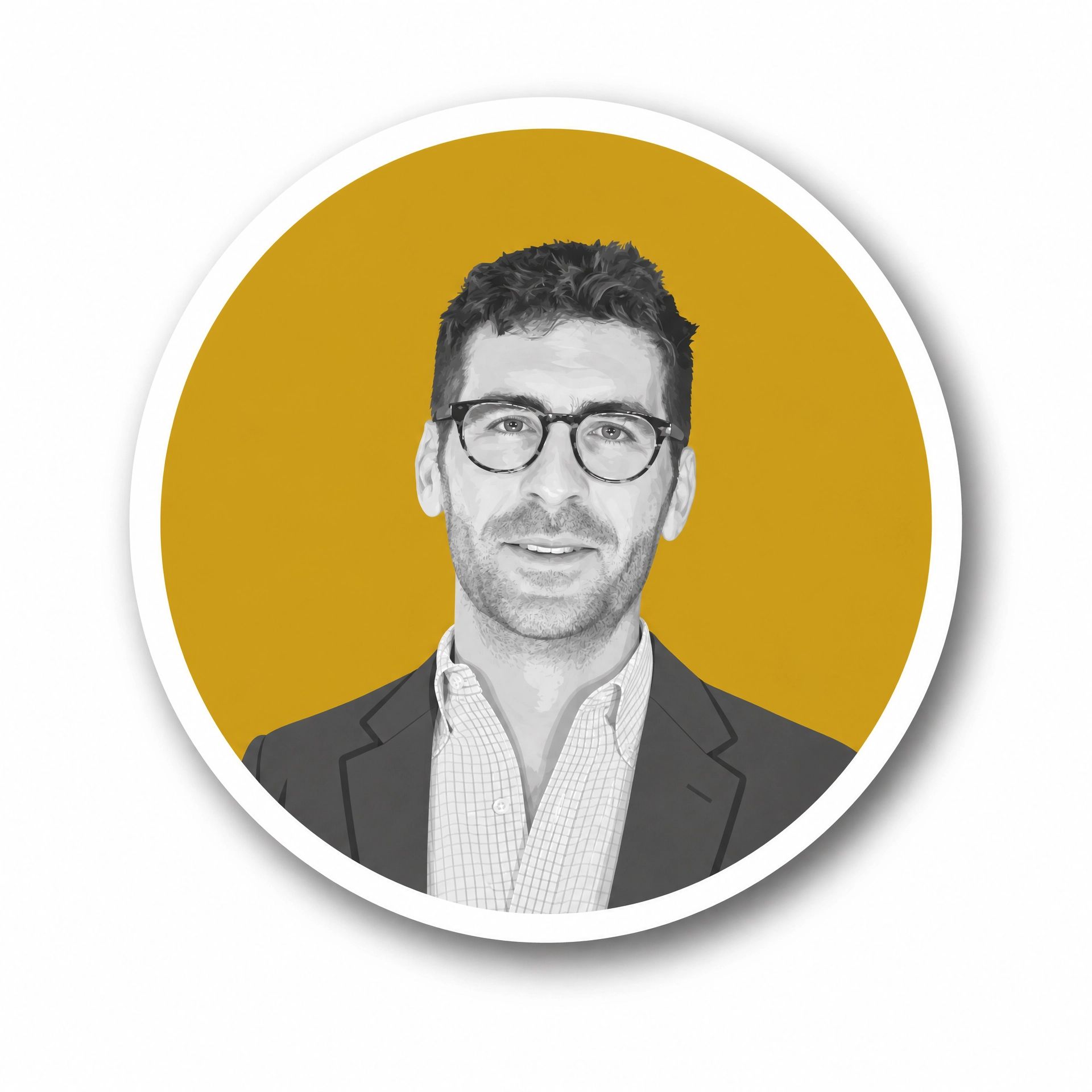 Digital illustration of a man with short dark hair, glasses, a collared shirt, and a blazer inside a circular frame with a yellow background.