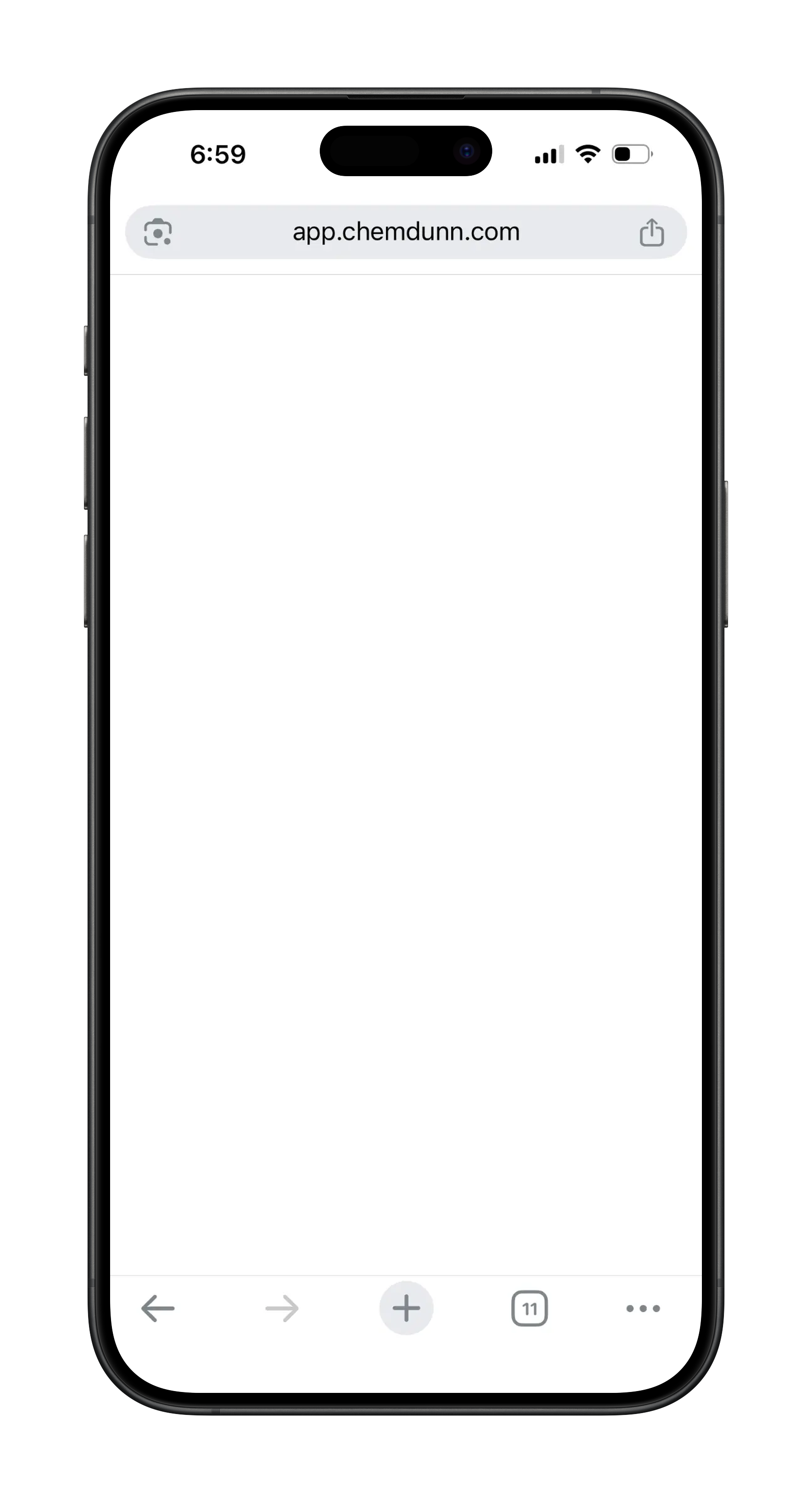 A smartphone displaying a blank web page with the URL app.chemdunn.com, with a black background around the phone.