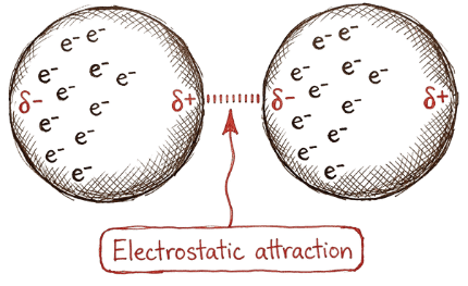 Diagram showing electrostatic attraction between two charged particles.