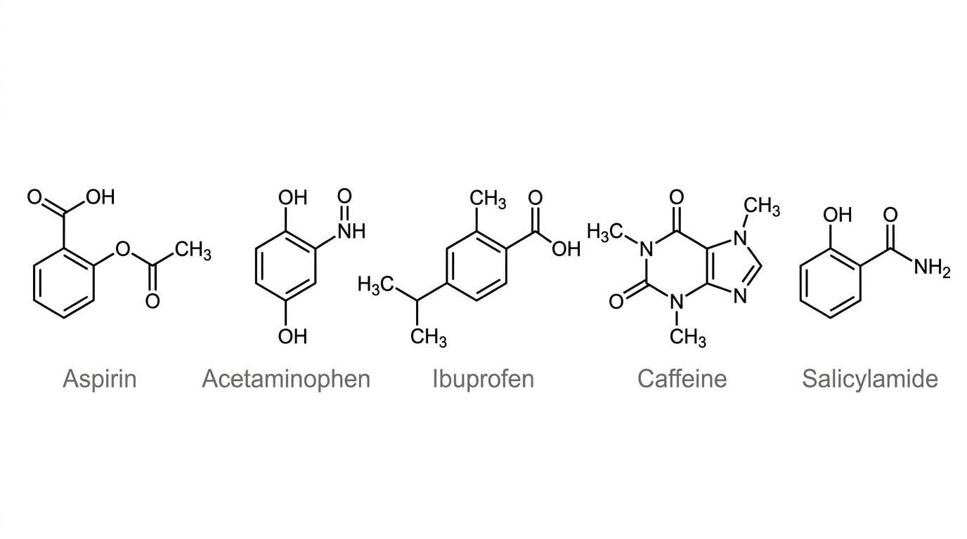 Lineup of chemical structures for Aspirin, Acetaminophen, Ibuprofen, Caffeine, and Salicylamide with labels underneath.