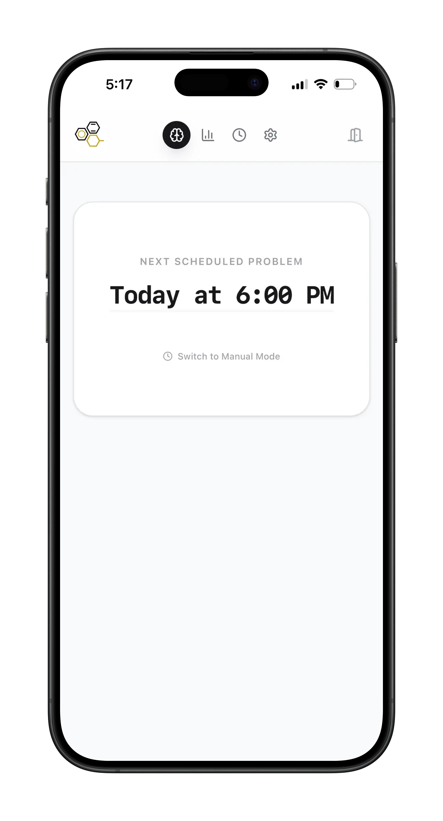 Smartphone screen showing a scheduled problem at 6:00 PM, with icons for brain, bar chart, clock, gear, and toolbox at the top.