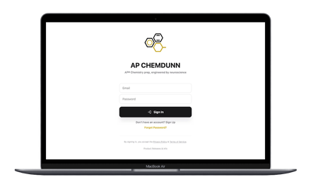 Laptop computer displaying the AP Chemdunn login page with email and password fields.