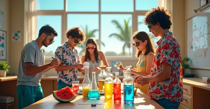 Group of five teenagers conducting science experiments with colorful liquids in a classroom with large windows and palm trees outside.