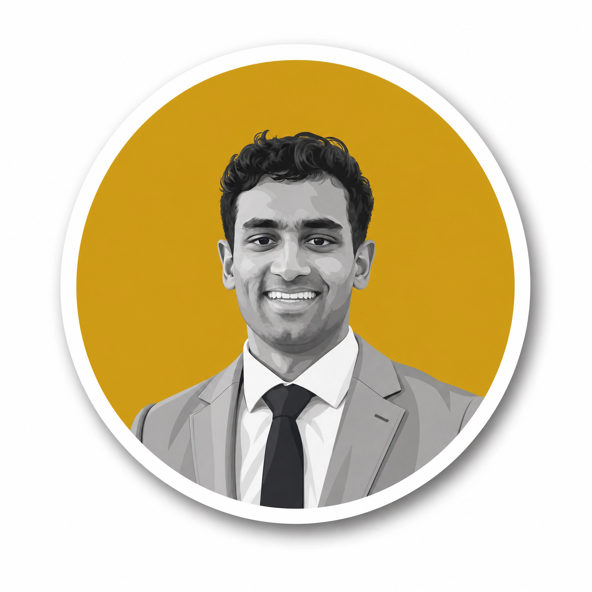 Digital illustration of a young man with curly hair in grayscale, smiling, in a suit and tie, with a yellow circular background.
