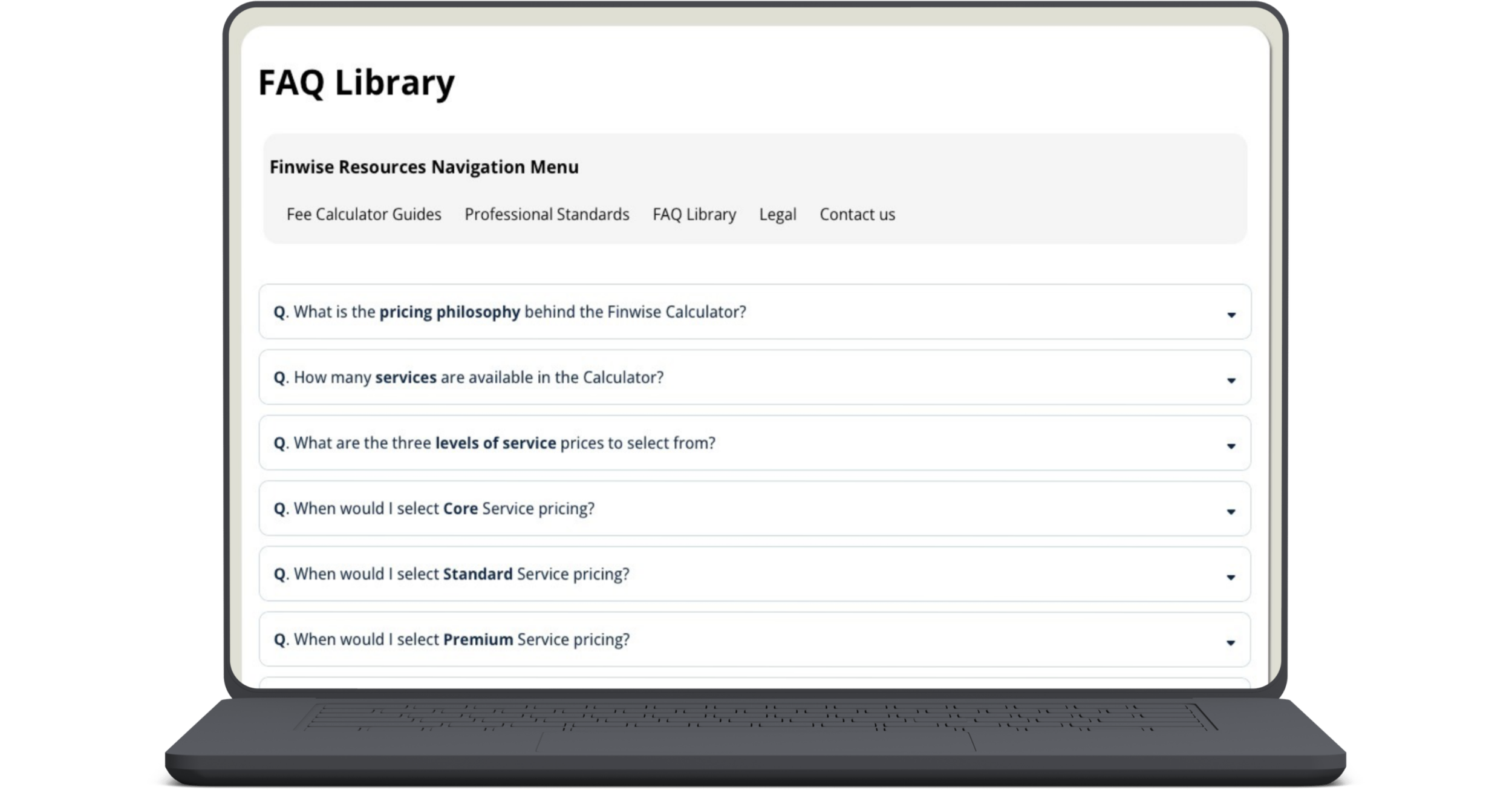Laptop screen displaying FAQ section of a website with the title 'FAQ Library' and a subheading 'Finwise Resources Navigation Menu.' The FAQ includes questions about the Finwise calculator and service pricing levels, with dropdown-answer icons.