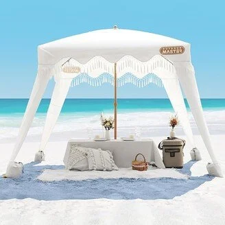 OutdoorMaster Beach Cabana with Fringe, Portable 6' x 6' Beach Canopy, Easy Set Up Beach Shelter