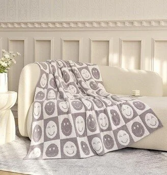 Ultra Soft Cozy Happy Smiling Face Checkered Knitted Throw Blanket