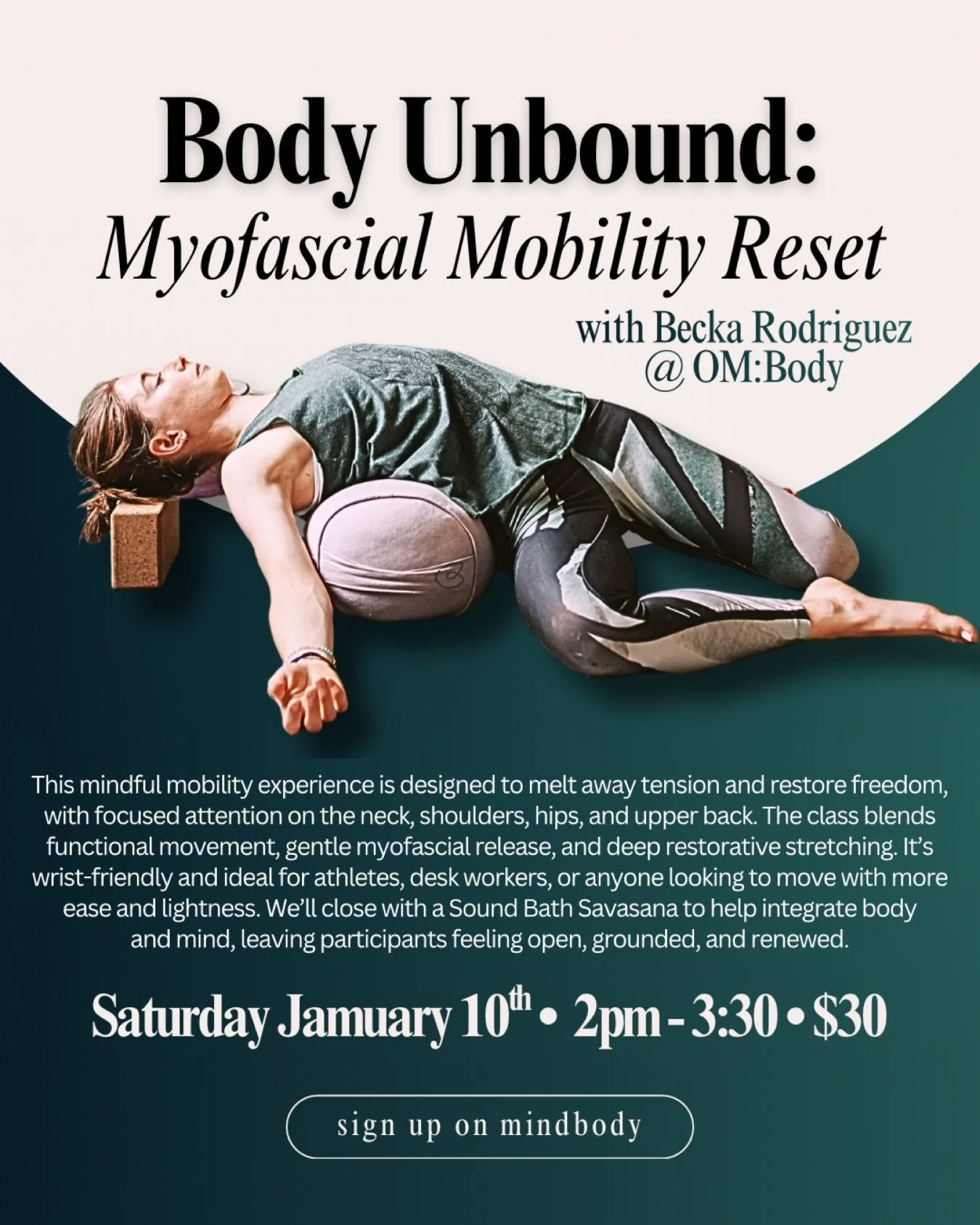 ✨ Myofascial Mobility Reset ✨
This Saturday, January 10th &bull; 2pm - 3:30pm &bull; $30

This mindful mobility experience is designed to melt away tension and restore freedom, with focused attention on the neck, shoulders, hips, and upper back. The 