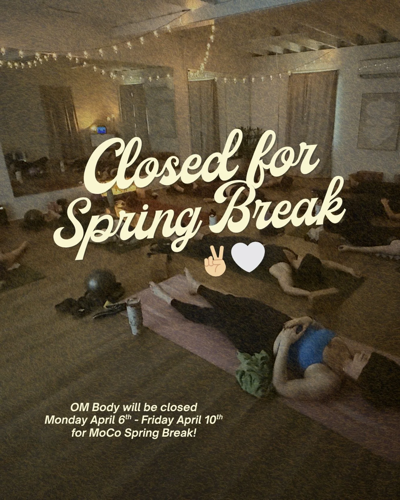 Join us on Friday for the last class of the week!
FIRE&amp;FLOW: 8:45am with @courtneyom_ 🔥💫

We&rsquo;ll meet you back on the mat following spring break!