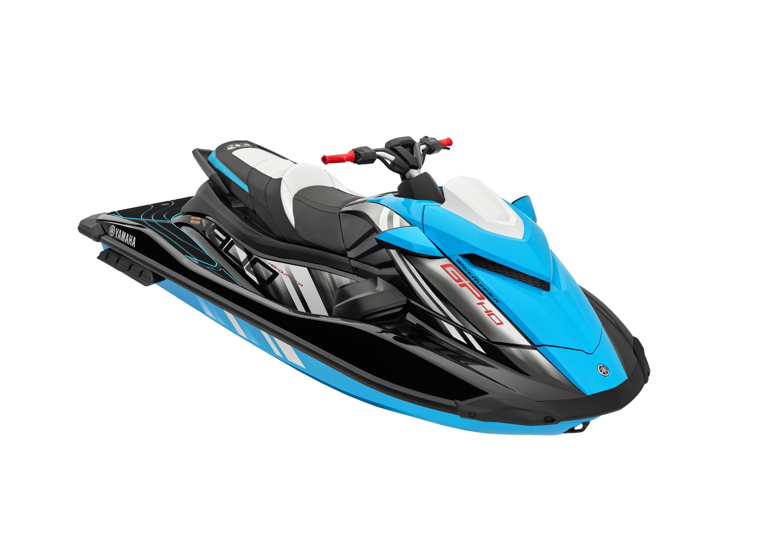 Blue and black Yamaha personal watercraft or jet ski with red handlebars