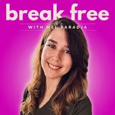 Picture of Reignelle founder. Pinky purple background with the words written top from left to write: Break Free: with Mel Baradja