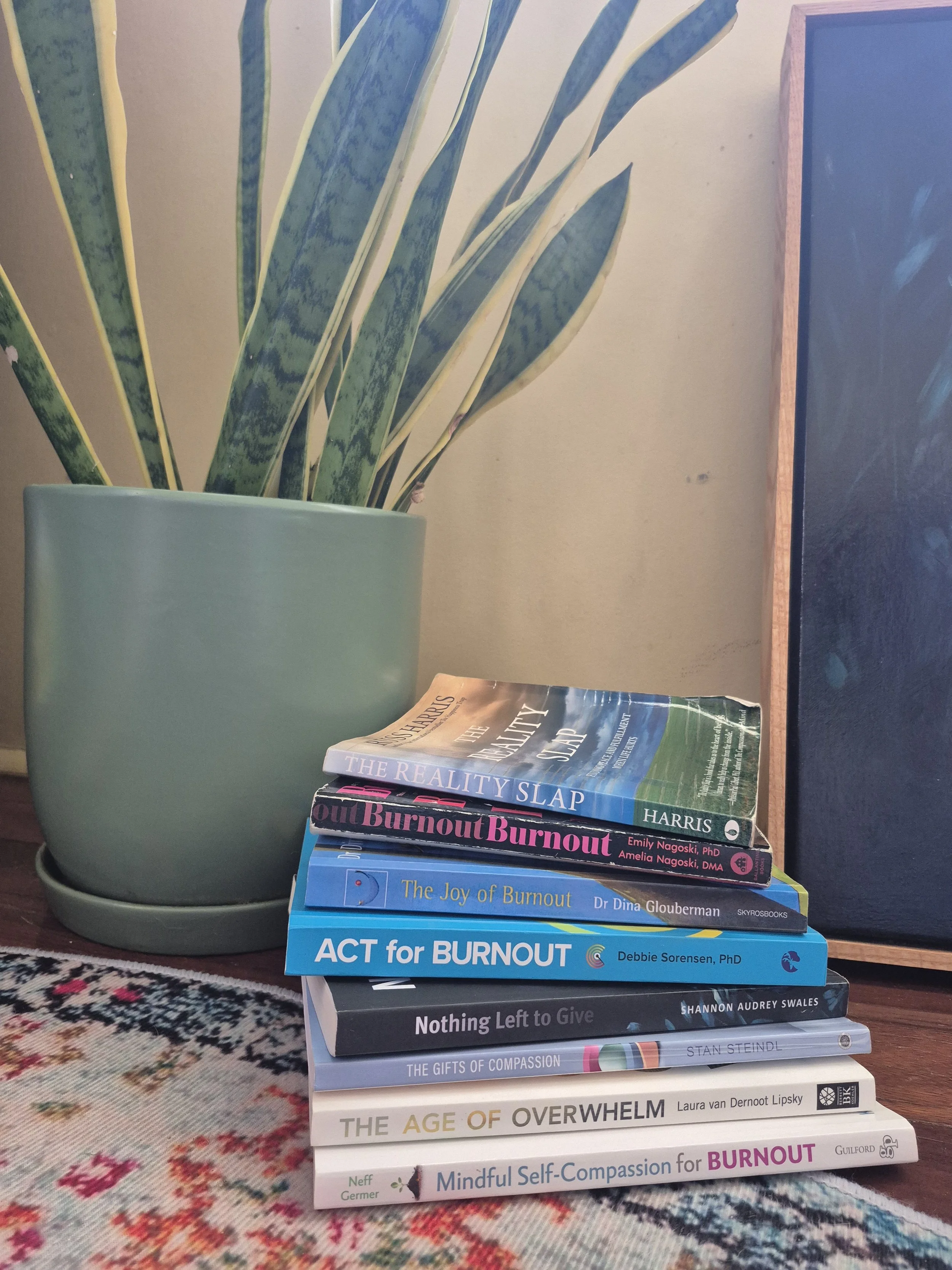 Stack of books nestled by a potted plant with a multicoloured carpet on the dark brown timber floor