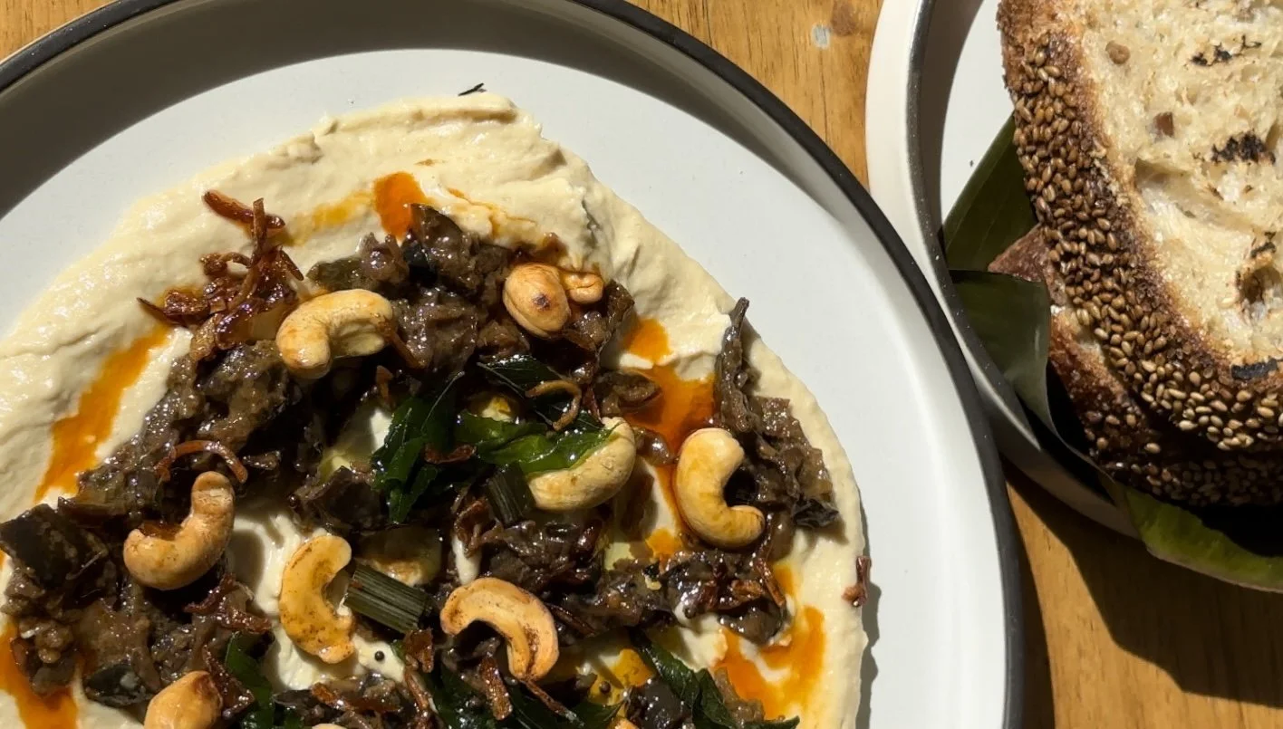 Marshi's extraordinary hummus eggplant dip with sour dough bread from Prove Patisserie.