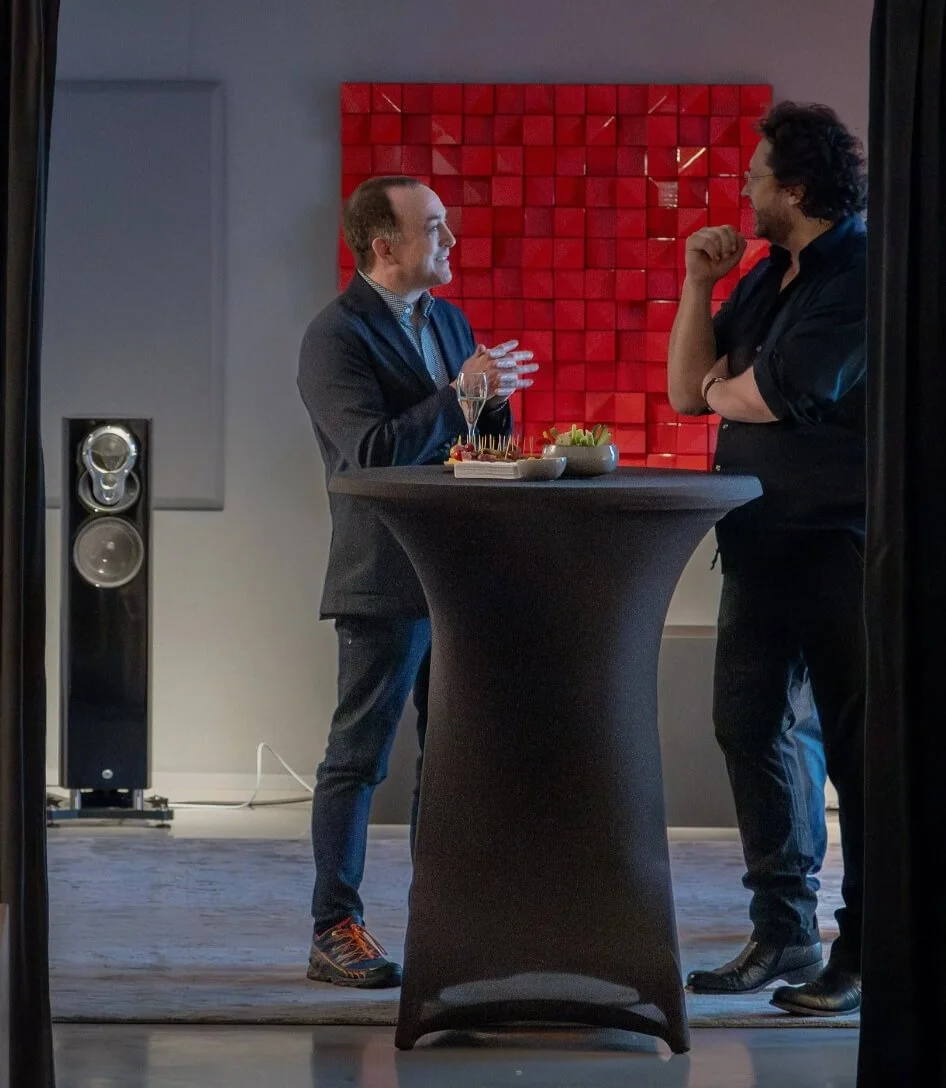 Linn CEO Gilad and Authentic High End CEO Steve discussing product strategy at the Brussels showroom