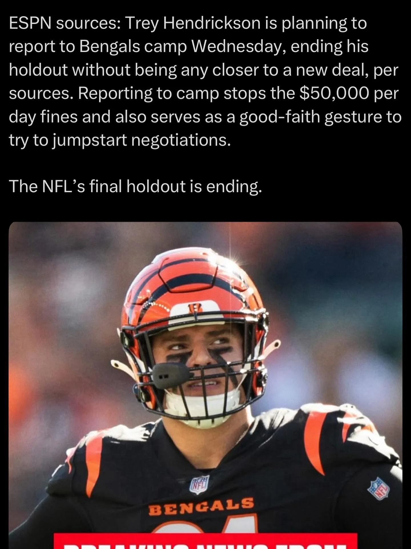 ITS OVER?! Not sure if this is a “hold in” situation or not but glad he’s gonna be in the facility! NOW PAY HIM!
#nfl #nflnews #nflupdates #bengals #cinncinati #cinncinatibengals #treyhendrickson