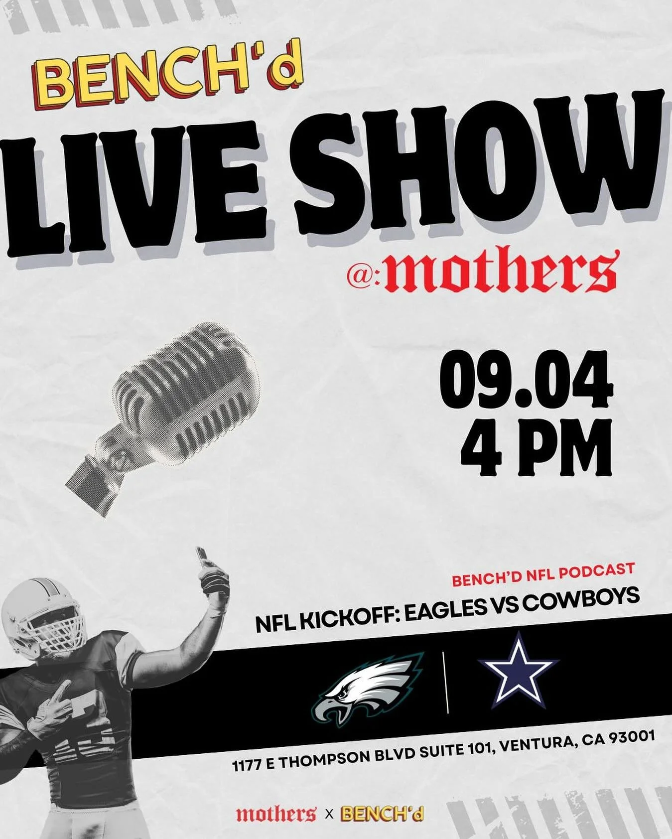 🏈 NFL Kickoff LIVE SHOW – LIVE at Mothers! 🏈
Join the BENCH’d NFL Podcast for our first LIVE SHOW at Mothers Tacos on Wednesday, September 4th @ 4 PM as we gear up for the Eagles vs Cowboys season opener!
🎤 Football talk
👀 Special