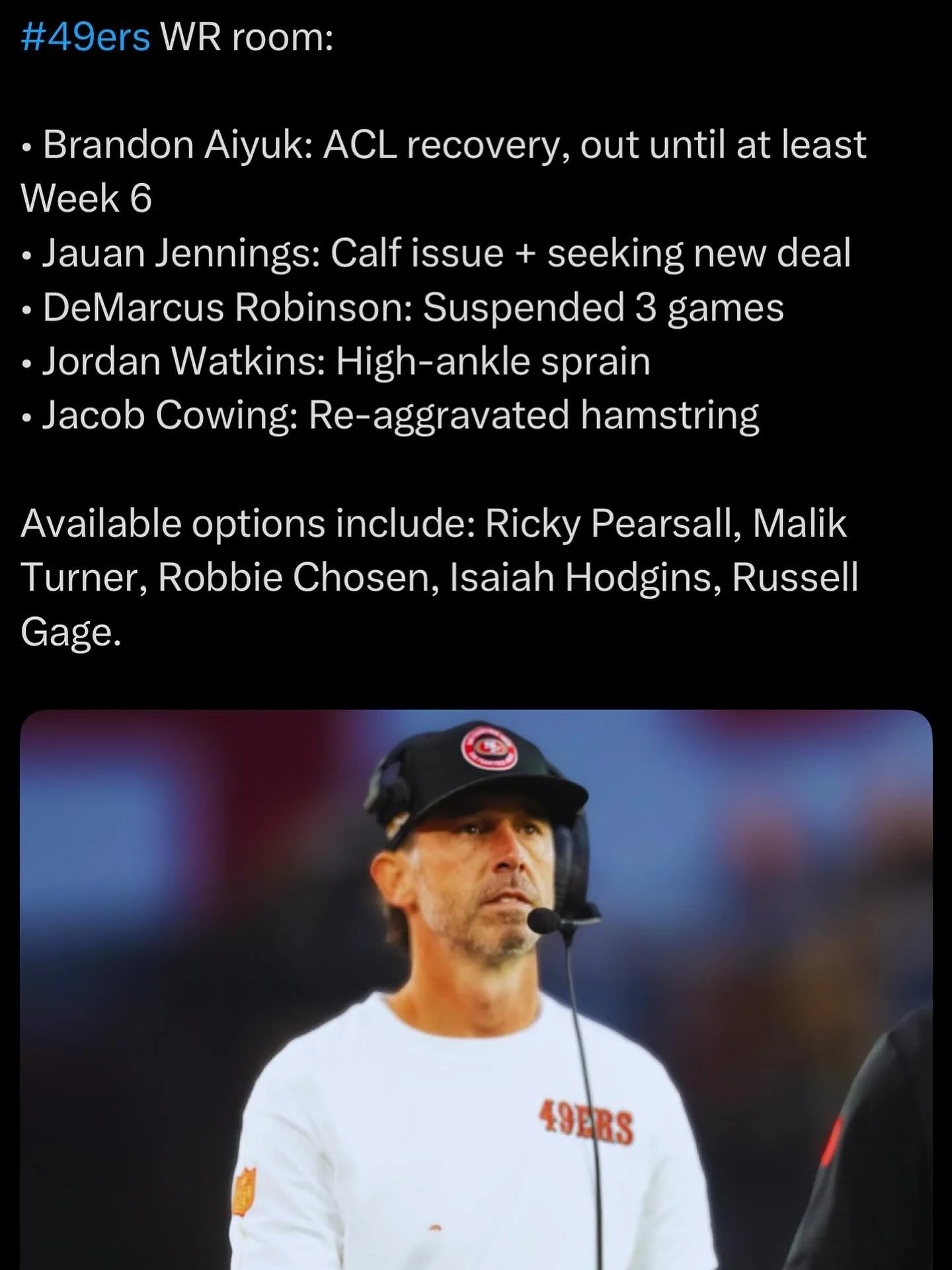 Yikes. With reports that the Jets and Vikings are also looking for wide receiver help, the market for wide receivers is at an all-time high. Who knows who starts at WR for the niners week 1.
#nfl #nflnews #nflupdates #fyp #trending #ninernation #49