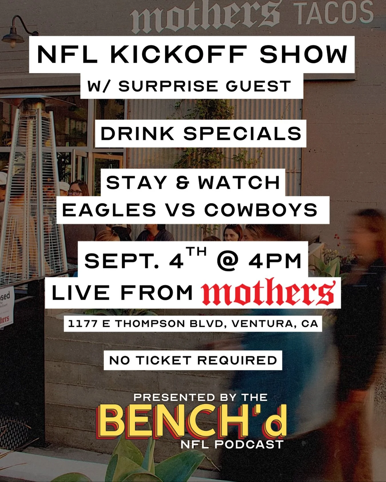 🎉 Kick off the NFL season with us this Thursday! 🏈
Join us for the NFL Kickoff Show featuring a *surprise guest*, drink specials, and the Eagles vs Cowboys game! 🍻🏈
📅 Date: Thursday, Sept. 4th
🕓 Time: 4 PM
📍 Location: Mothers, 1177 E Thompso