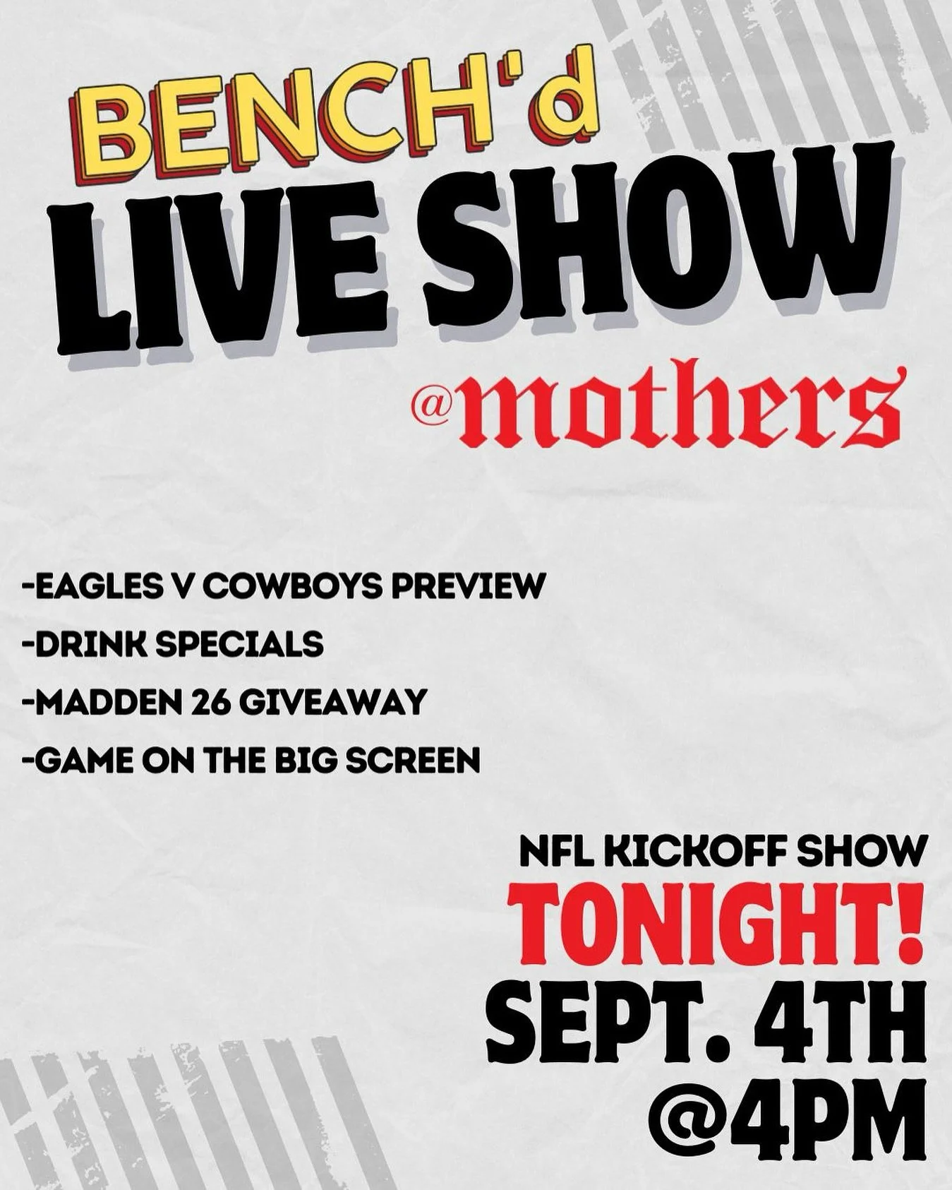 🚨🏈 TODAY IS THE DAY 🏈🚨
The BENCH’d Podcast Live Show kicks off at Mothers Tacos in Ventura at 4 PM!
🎙 Live podcast recording
🔥 Giveaways & bold takes
🌮 Tacos + drink specials
📺 And YES — we’re showing Eagles vs Cowboys o