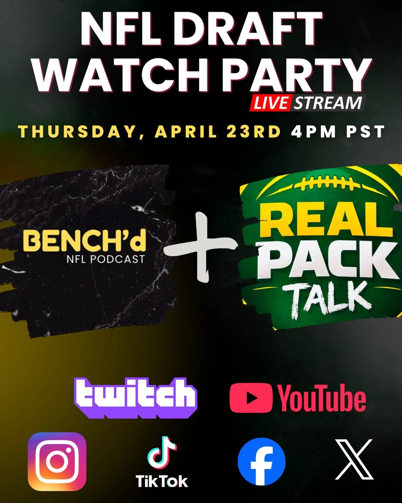 🚨 IT&rsquo;S DRAFT NIGHT 🚨
We&rsquo;re going LIVE for the ultimate NFL Draft Watch Party 🔥
🏈 BENCH&rsquo;d x Real Pack Talk
🗓 Thursday, April 23rd
⏰ 4PM PST
Tap in with us as we break down every pick, react in real time, and call out the steals,