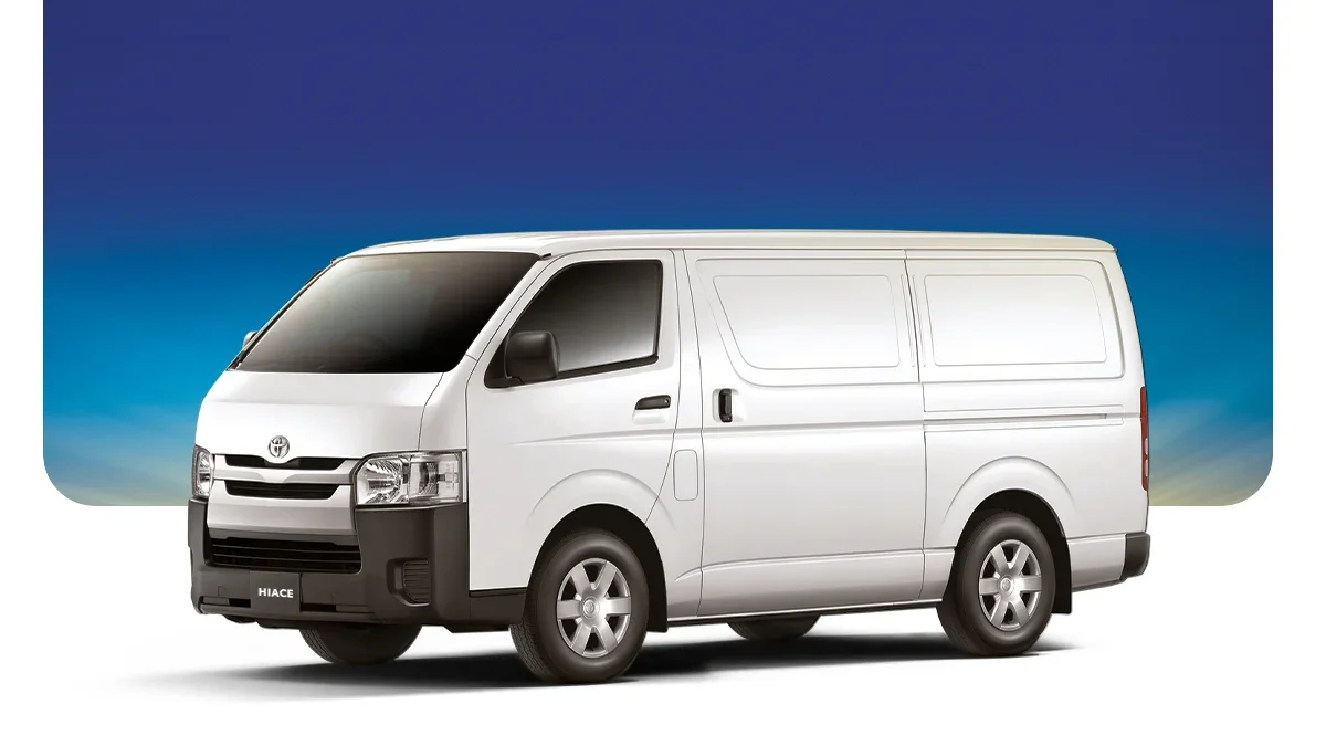 Front and side view of a white Toyota HiAce cargo van against a gradient background.