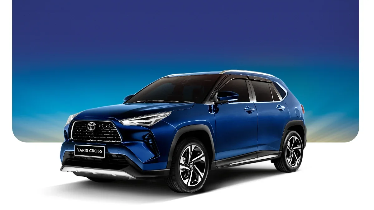 A blue Toyota Yaris Cross SUV with black accents against a gradient blue and purple background.