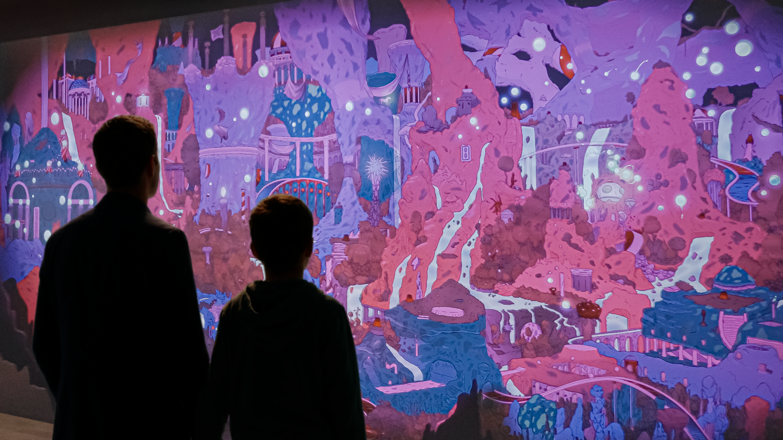 Geophonie artwork, hand-drawn illustration by Jean Dalin enhanced with video projection mapping by Interval