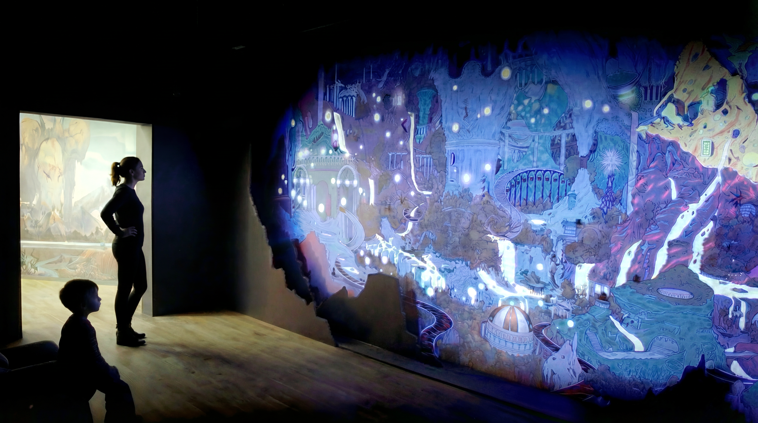 Geophonie installation by Jean Dalin and Interval.ooo, augmented drawing with video projection Comics Museum Brussels