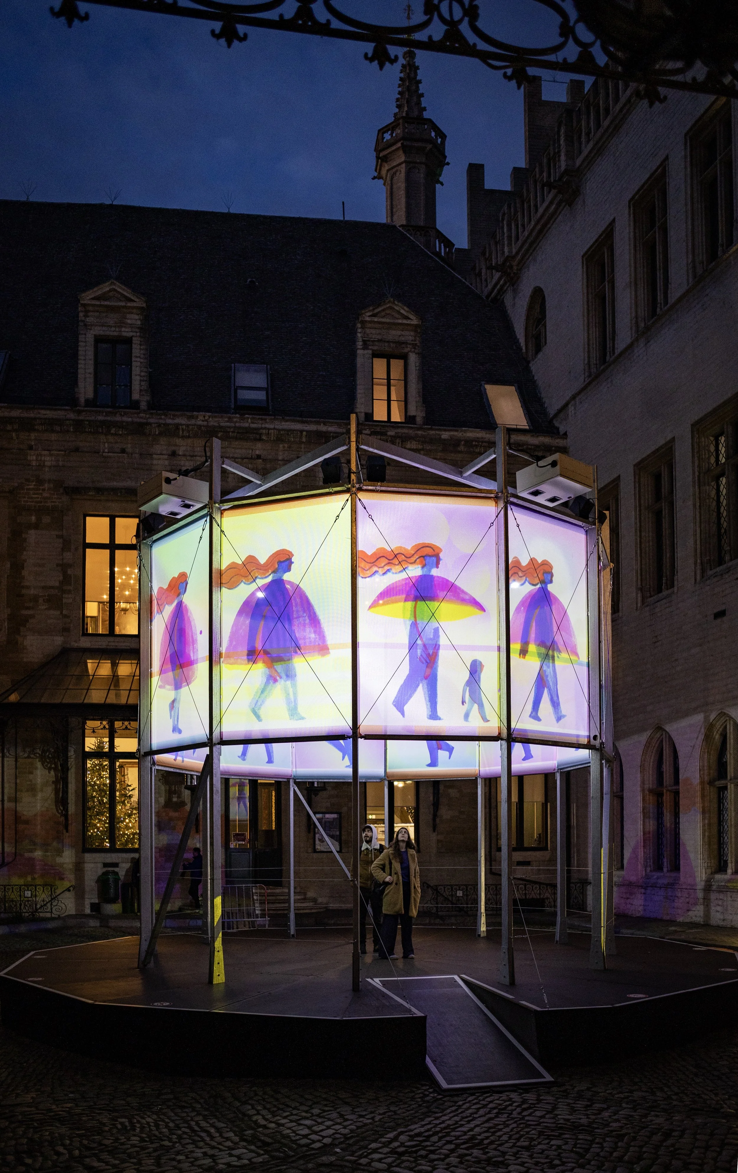 Morphosis monumental public art installation illuminated at night during a light festival