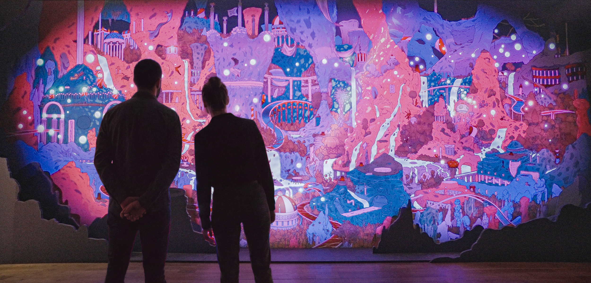 Audience experiencing Geophonie installation, immersive augmented illustration environment, artwork by Jean Dalin and Interval.ooo