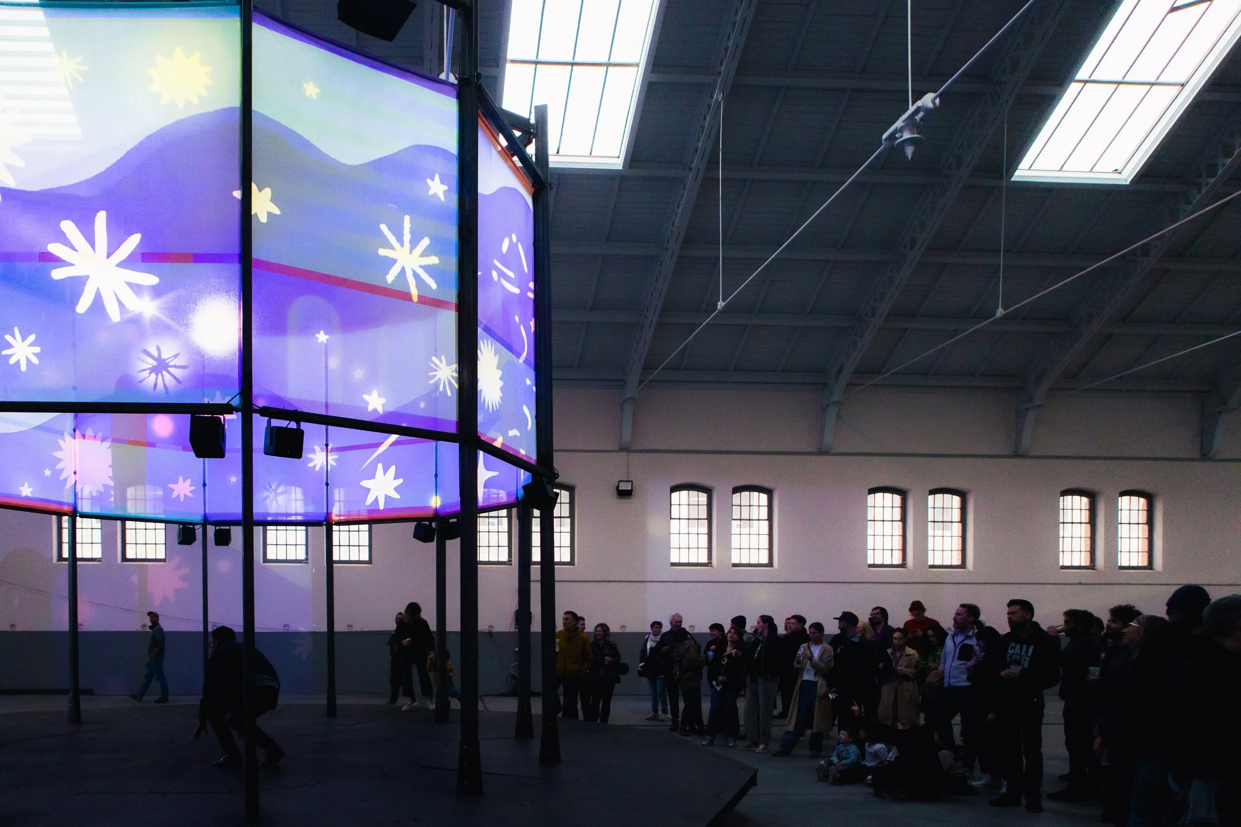 Morphosis hybrid analog and digital art installation combining printed surfaces, immersive video projection and spatialized audio.