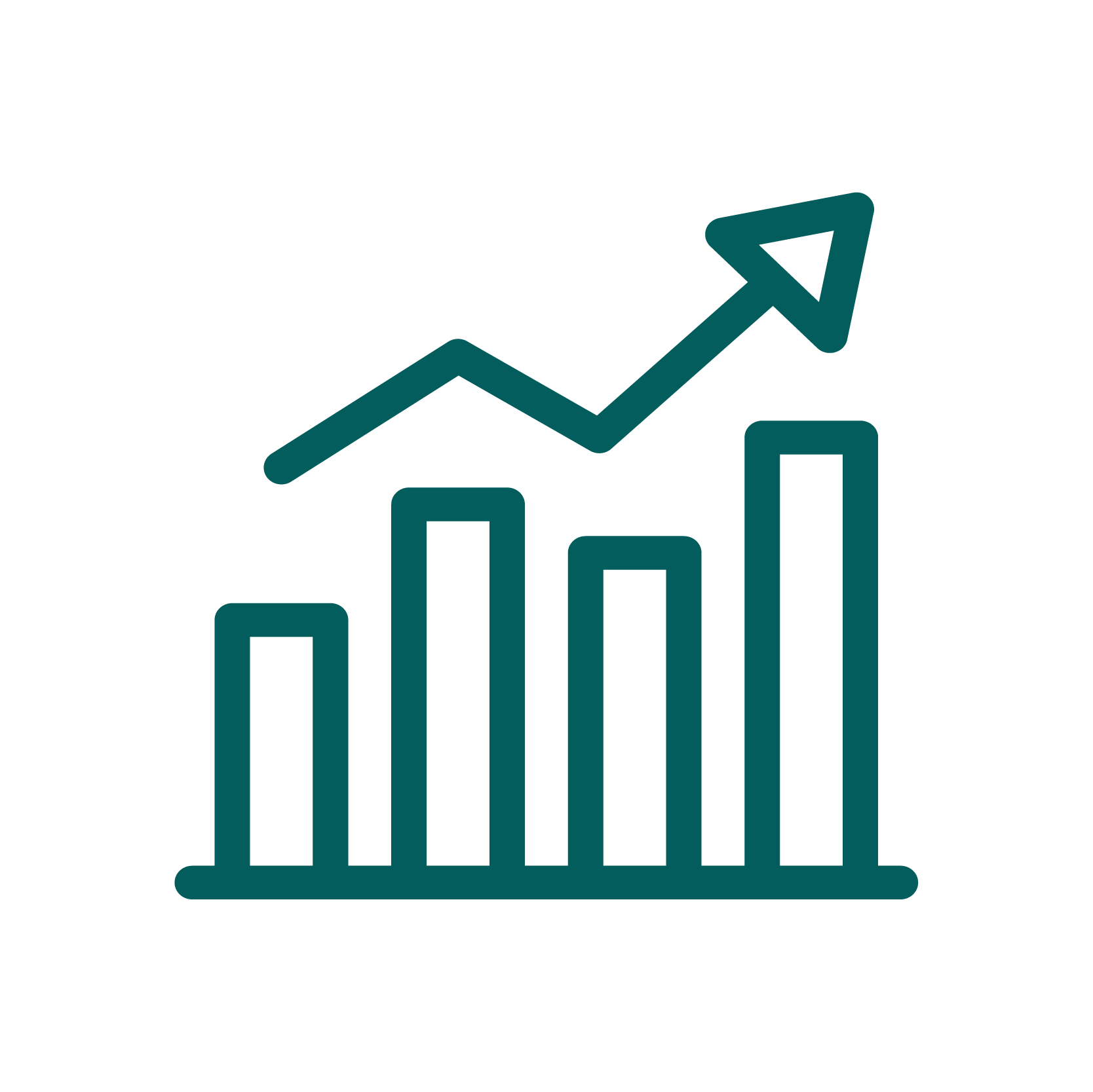 Bar chart with five vertical bars increasing in height from left to right, and an upward trending arrow above the bars.